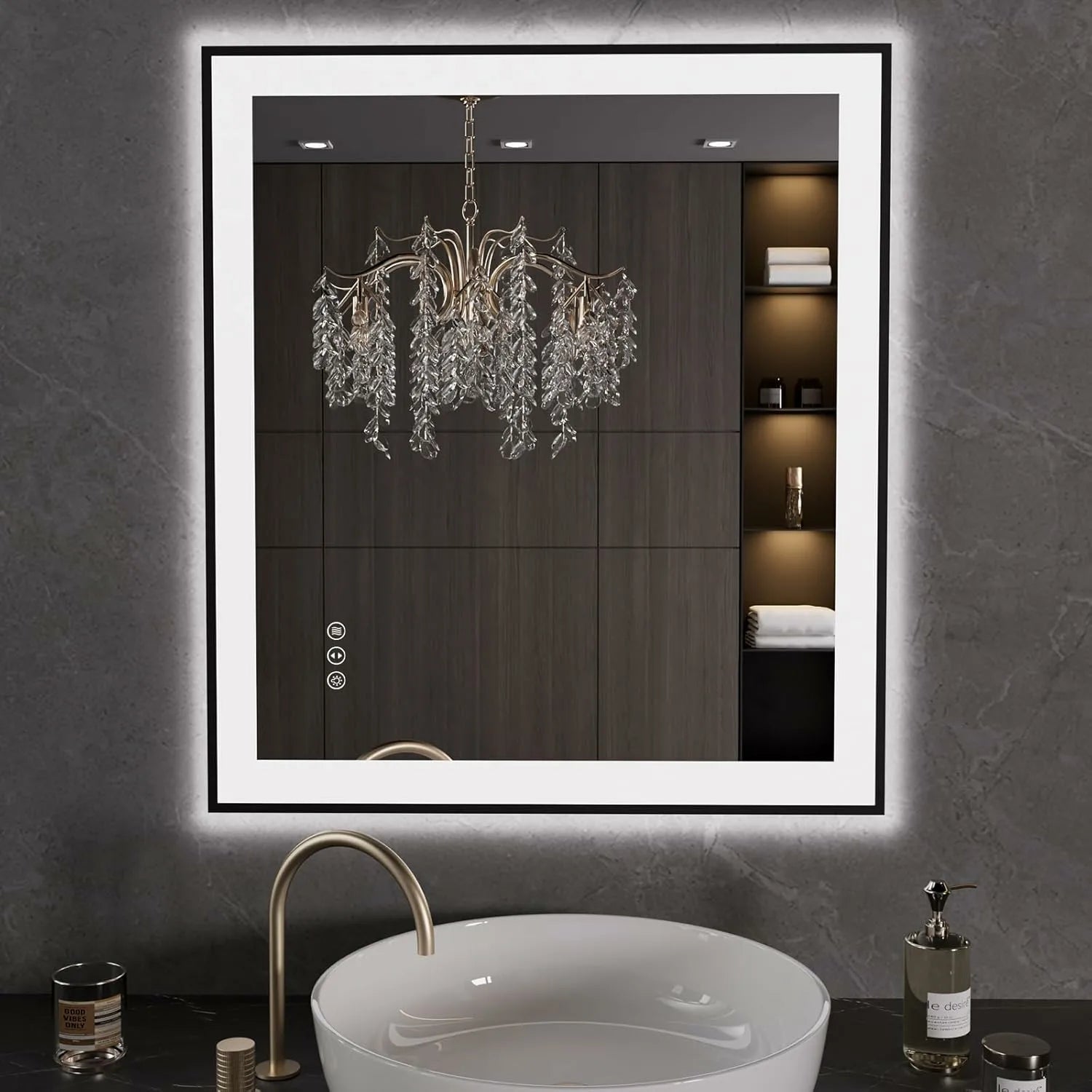 LOAAO 36"X32" Anti-Fog Black Framed Bathroom LED Mirror