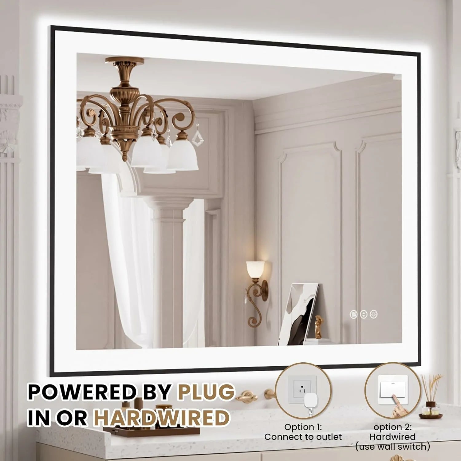 LOAAO 40"X32" Anti-Fog LED Bathroom Mirror Black Framed