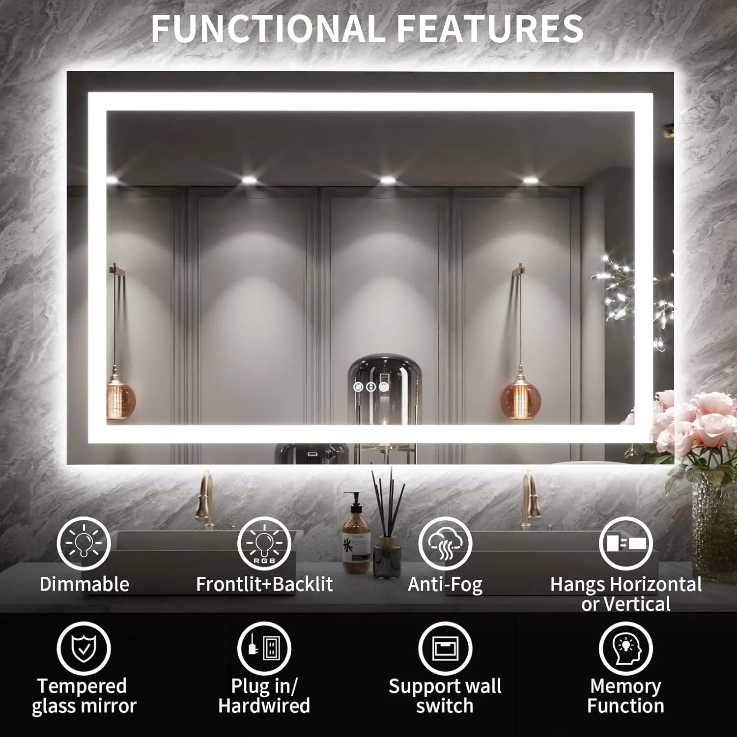 LOAAO 55"X36" Anti-Fog Dimmable LED Bathroom Mirror