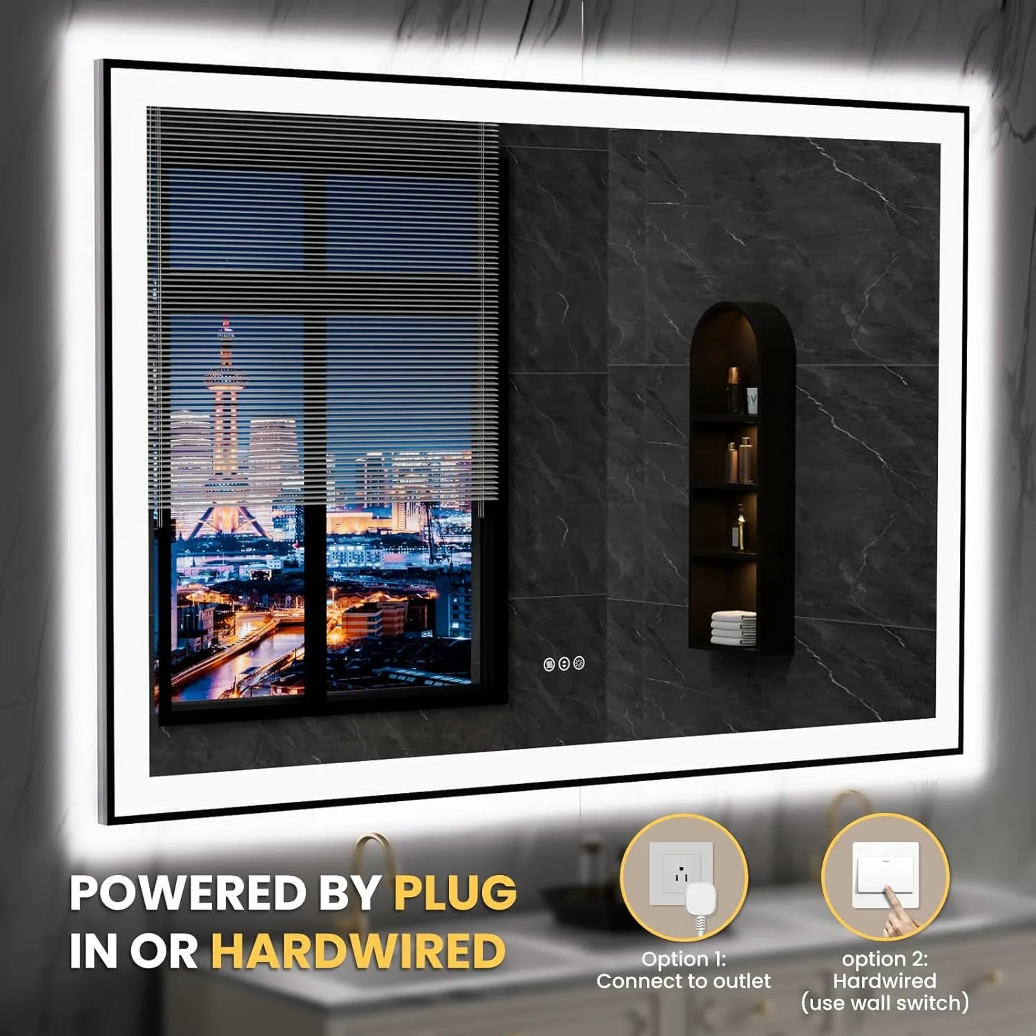 LOAAO 60"X40" Black Framed LED Lighted Bathroom Vanity Mirror