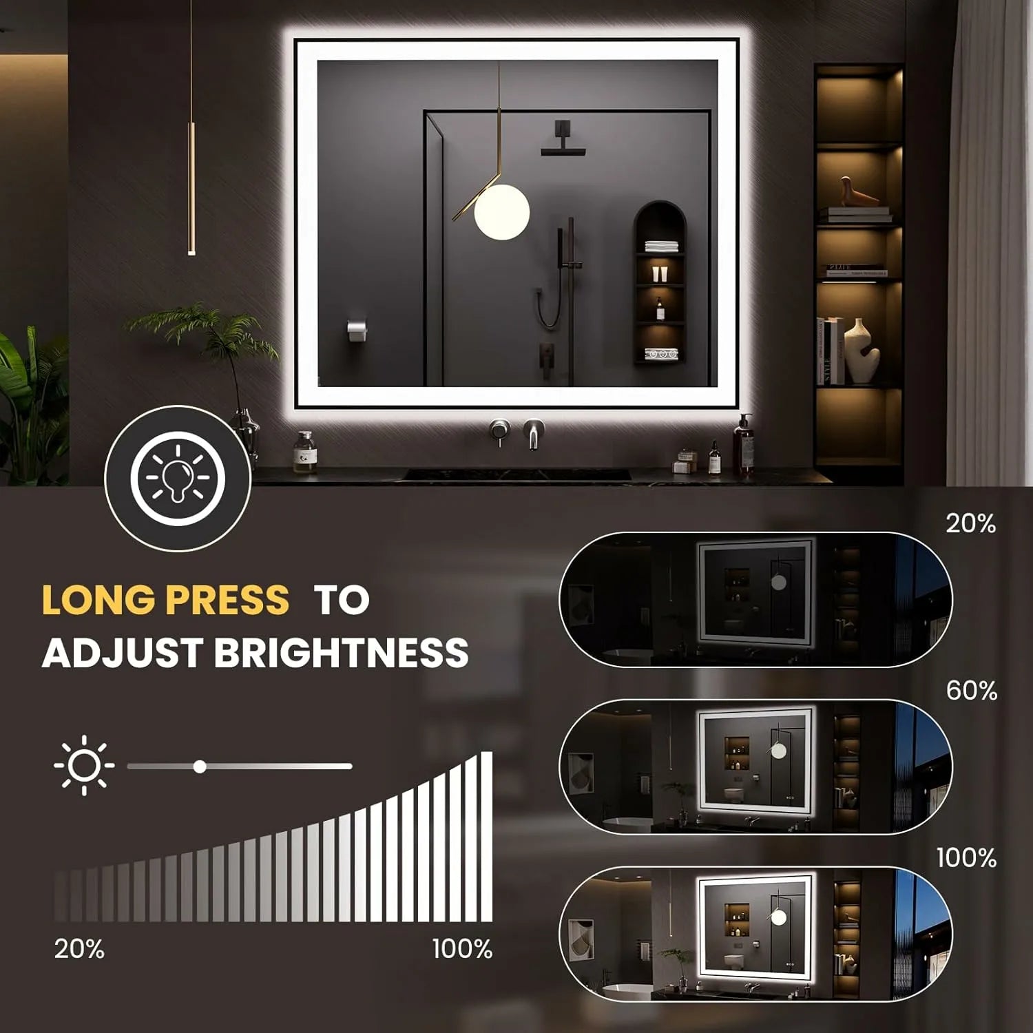 LOAAO 48"X40" Tempered Glass Black Framed LED Bathroom Mirror
