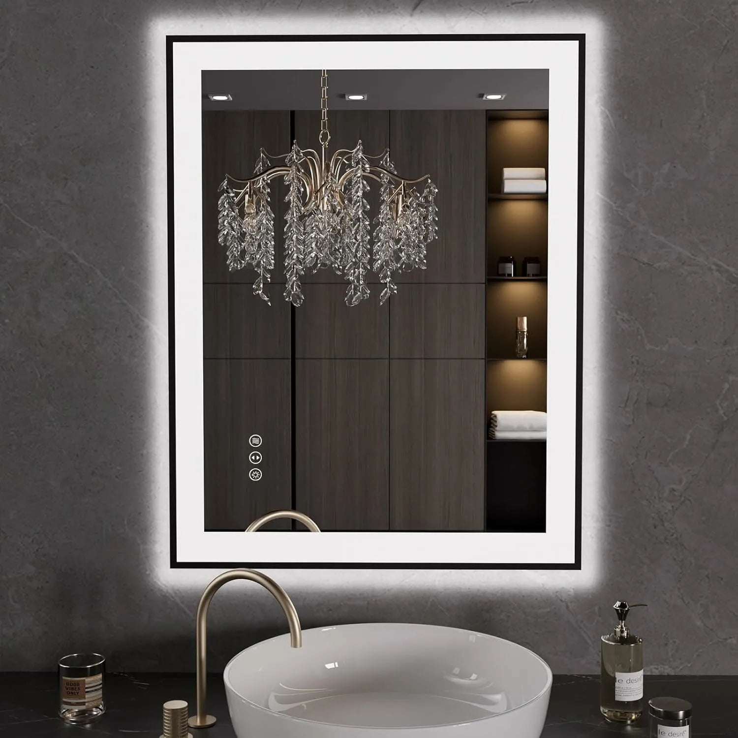LOAAO 28"X36" Tempered Glass Black Framed LED Bathroom Mirror