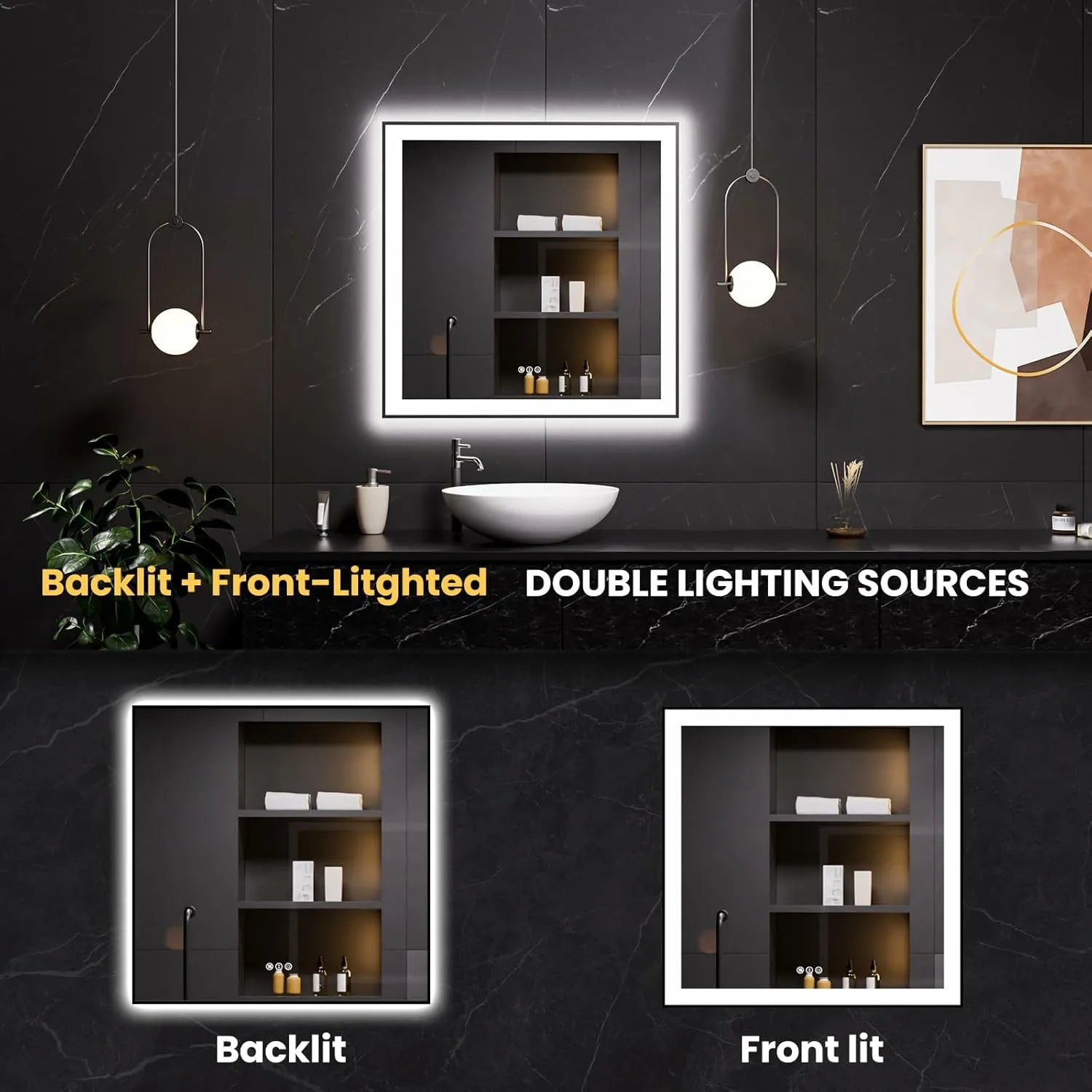 LOAAO 36"X36" Square Black Framed LED Bathroom Mirror