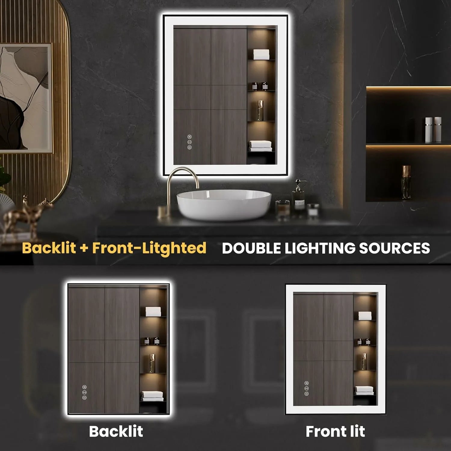 LOAAO 28"X36" Tempered Glass Black Framed LED Bathroom Mirror