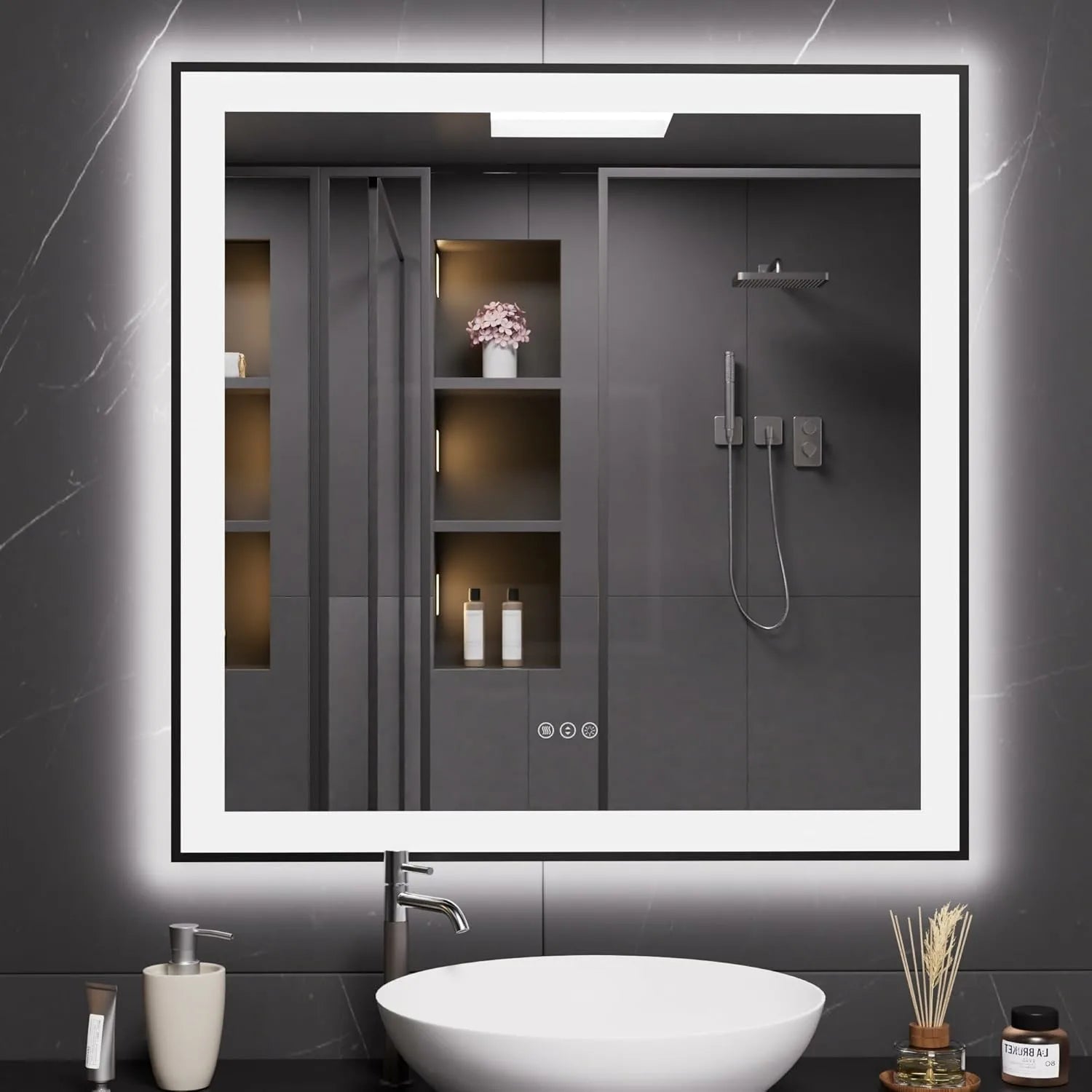 LOAAO 36"X36" Square Black Framed LED Bathroom Mirror