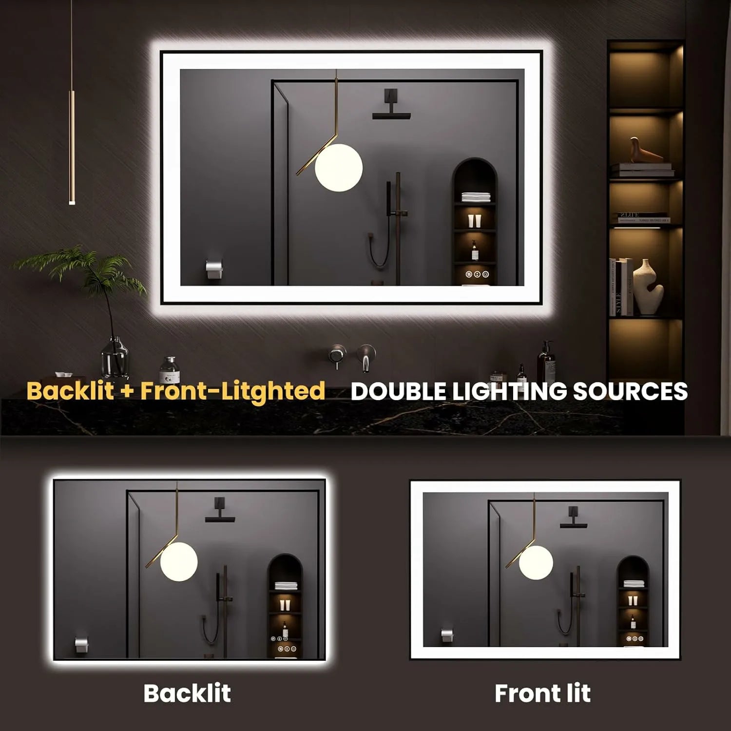LOAAO 48"X32" 3 Color Temperature Black Framed LED Bathroom Mirror