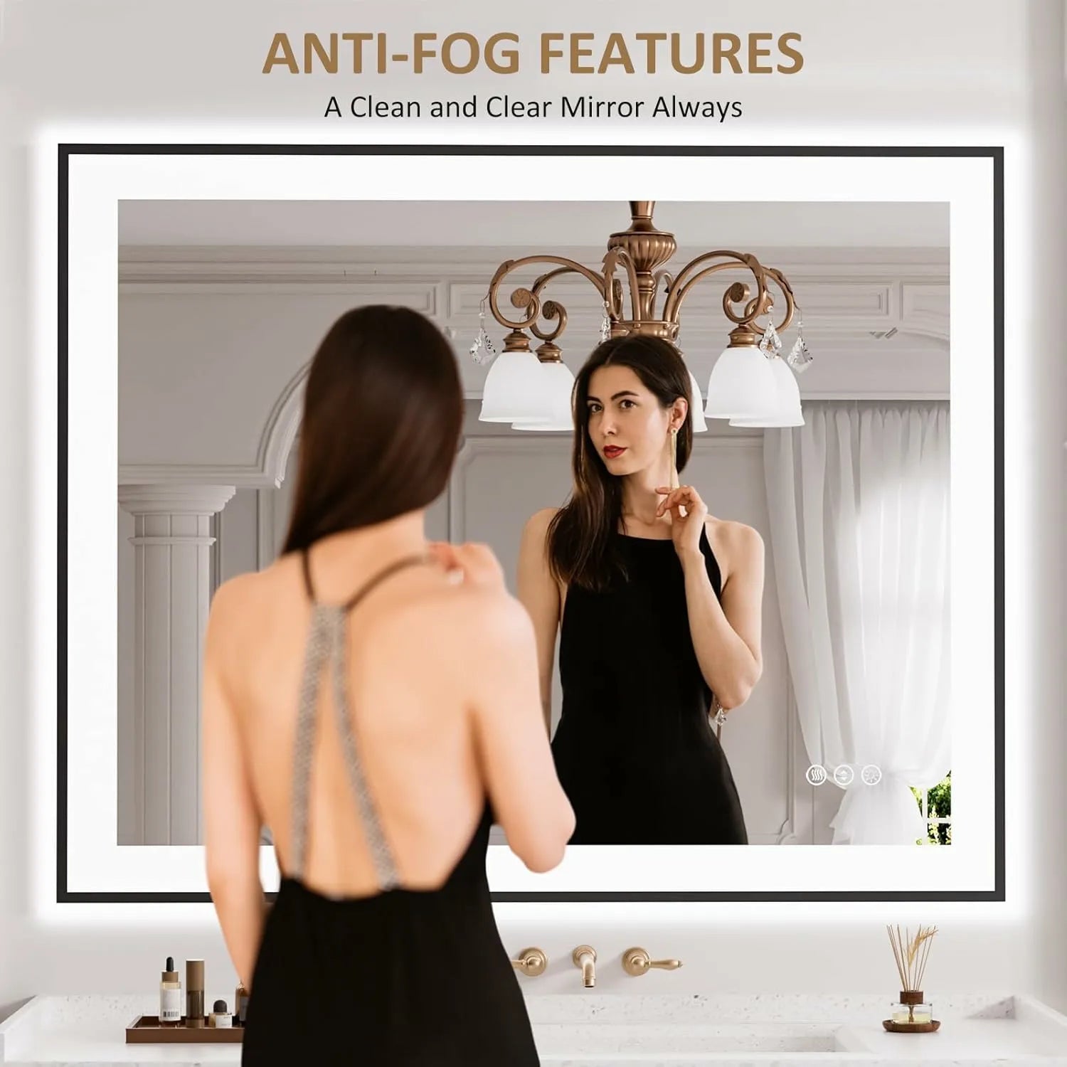 LOAAO 40"X32" Anti-Fog LED Bathroom Mirror Black Framed