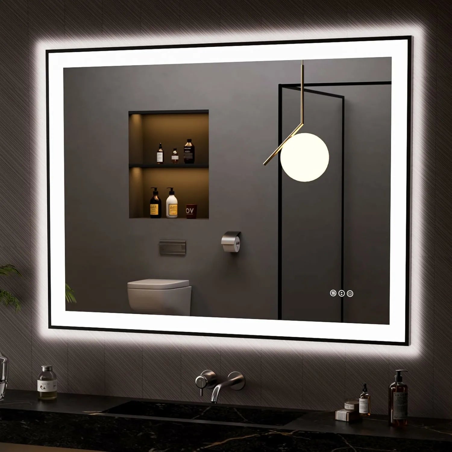 LOAAO 48"X36" Dimmable Black Framed LED Bathroom Mirror