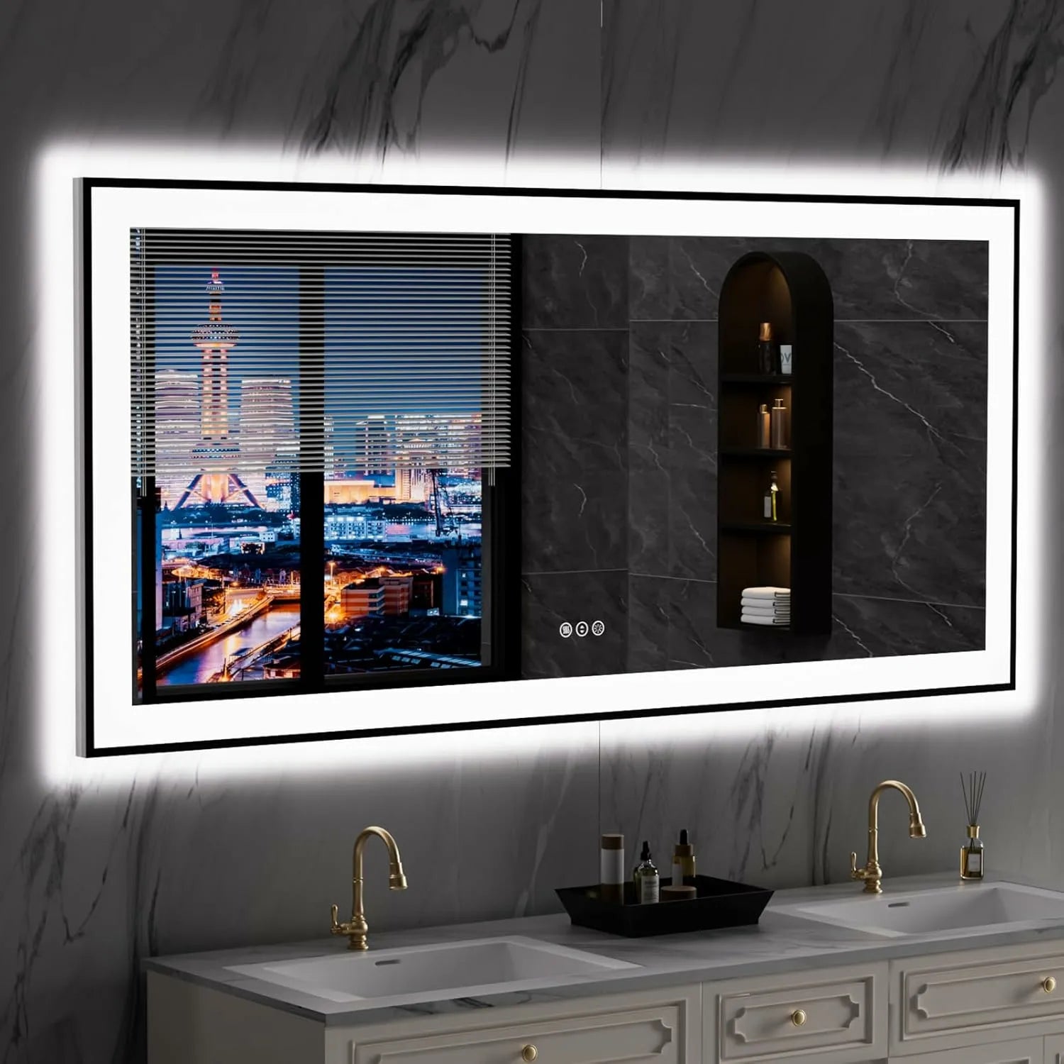 LOAAO 60"X28" Dimmable & 3 Color Temperature Black Framed LED Bathroom Mirror