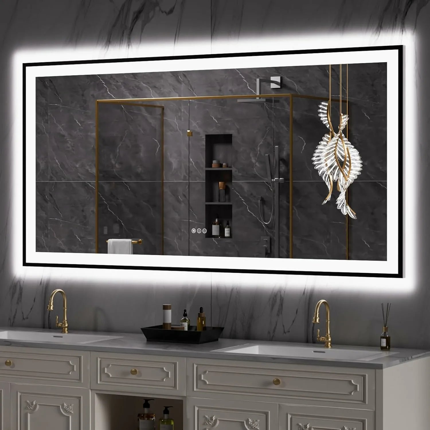 LOAAO 72"X32" Large Black Framed LED Bathroom Mirror
