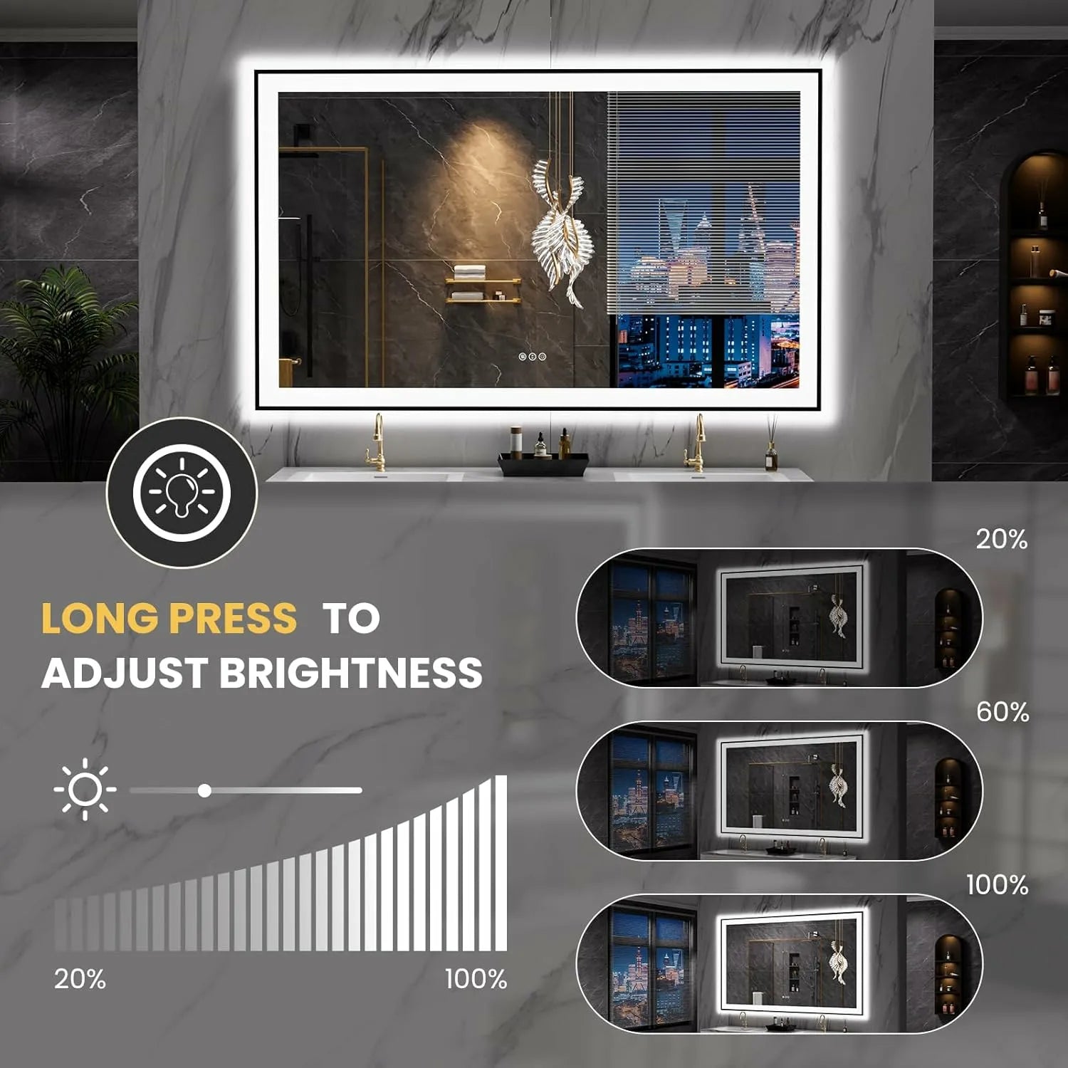 LOAAO 60"X36" Anti-Fog Black Framed LED Bathroom Mirror