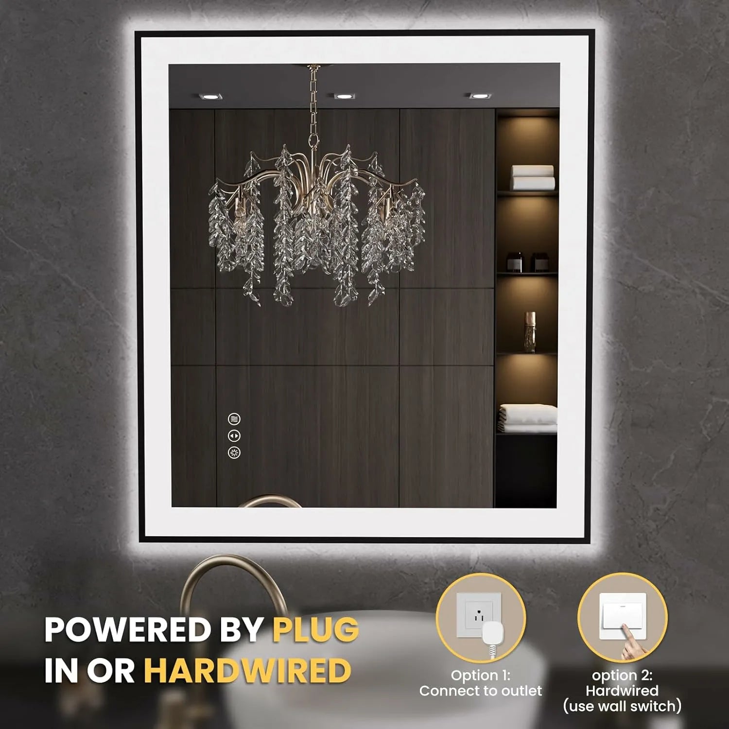 LOAAO 36"X32" Anti-Fog Black Framed Bathroom LED Mirror
