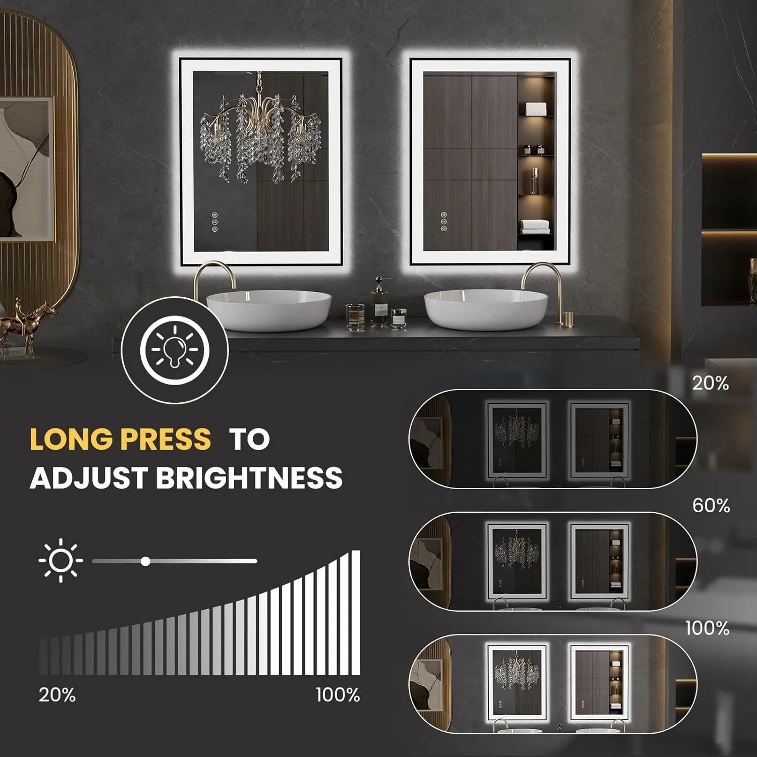 LOAAO 28"X36" Tempered Glass Black Framed LED Bathroom Mirror