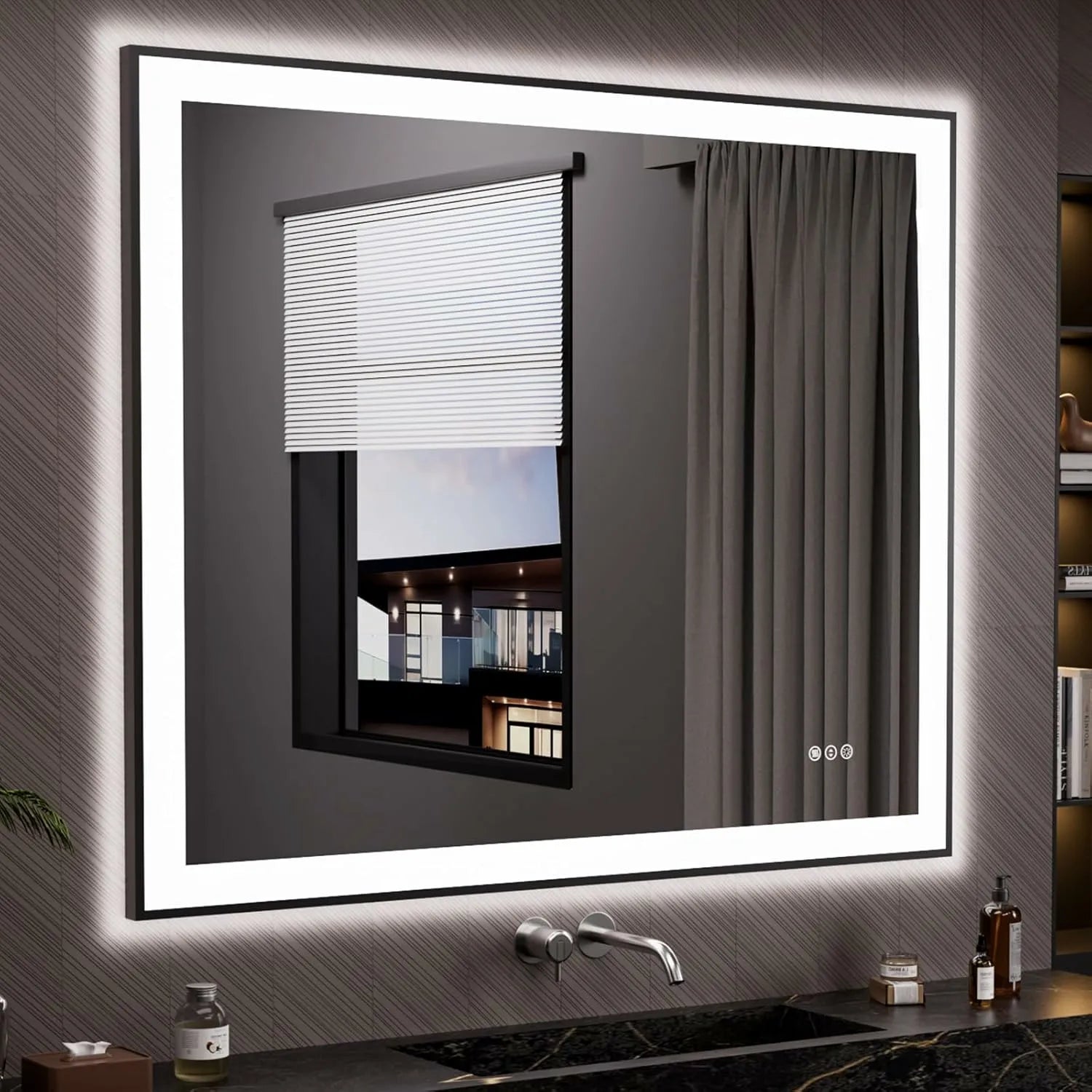 LOAAO 48"X40" Tempered Glass Black Framed LED Bathroom Mirror