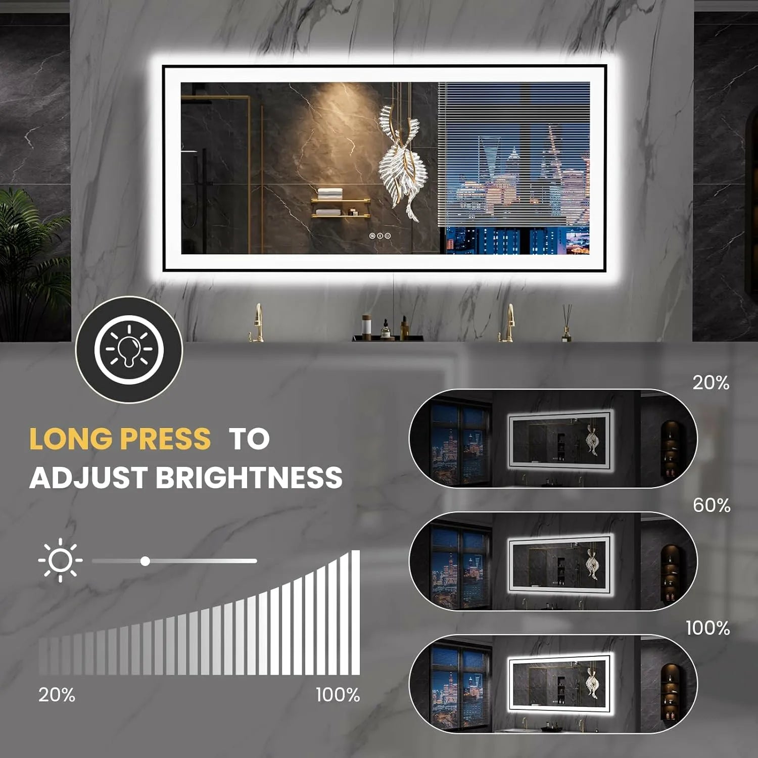 LOAAO 60"X28" Dimmable & 3 Color Temperature Black Framed LED Bathroom Mirror