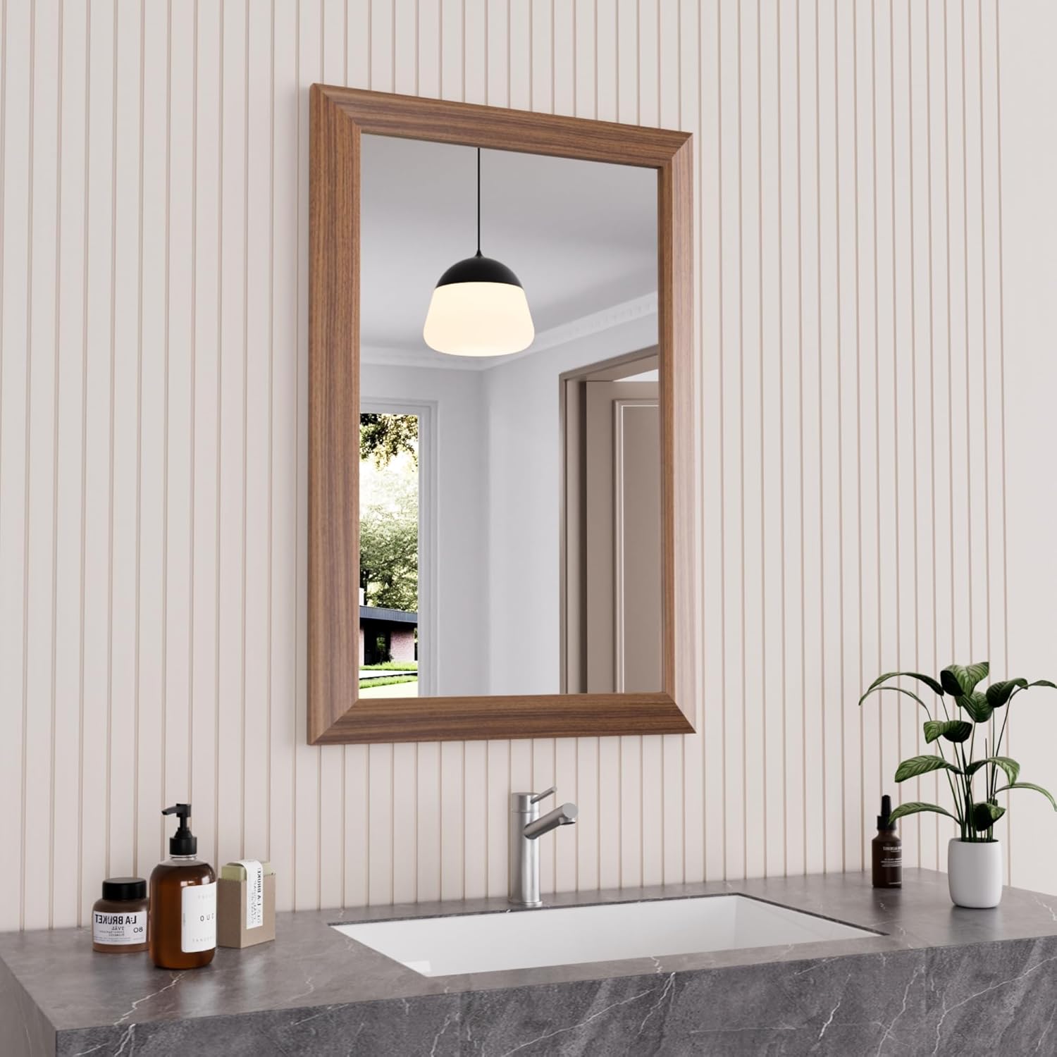 LOAAO 20"×28" Rectangular Aluminum Alloy Dark Wood Grain Frame Mirror