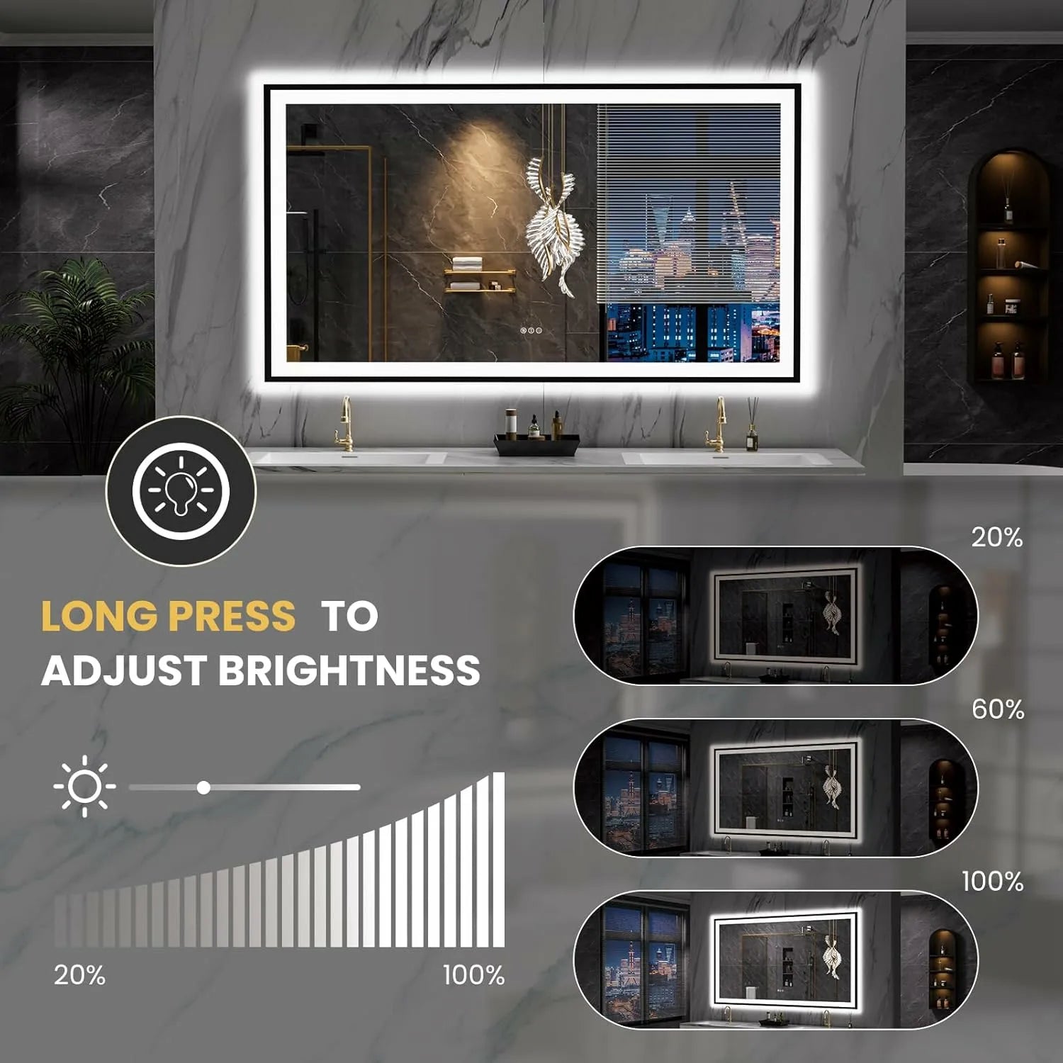 LOAAO 77"X36" Large Shatter-Proof Black Framed LED Bathroom Mirror