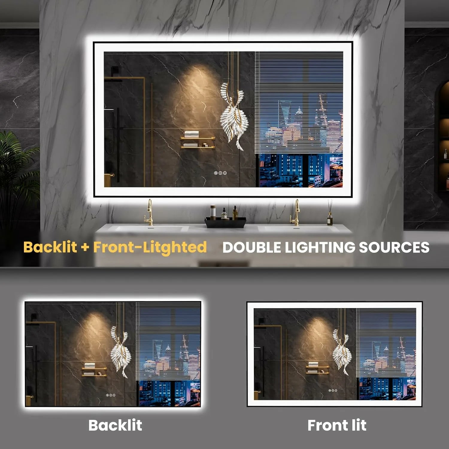 LOAAO 60"X36" Anti-Fog Black Framed LED Bathroom Mirror