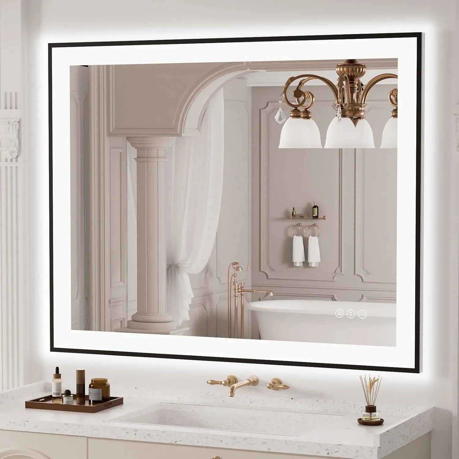LOAAO 40"X32" Anti-Fog LED Bathroom Mirror Black Framed