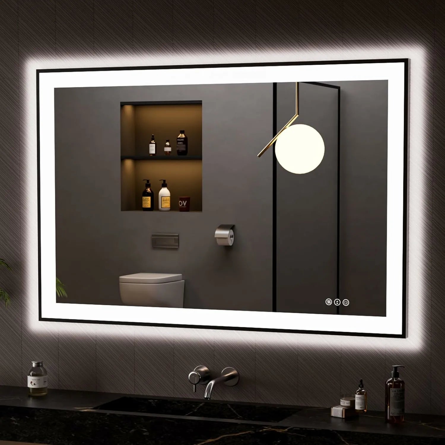LOAAO 48"X32" 3 Color Temperature Black Framed LED Bathroom Mirror