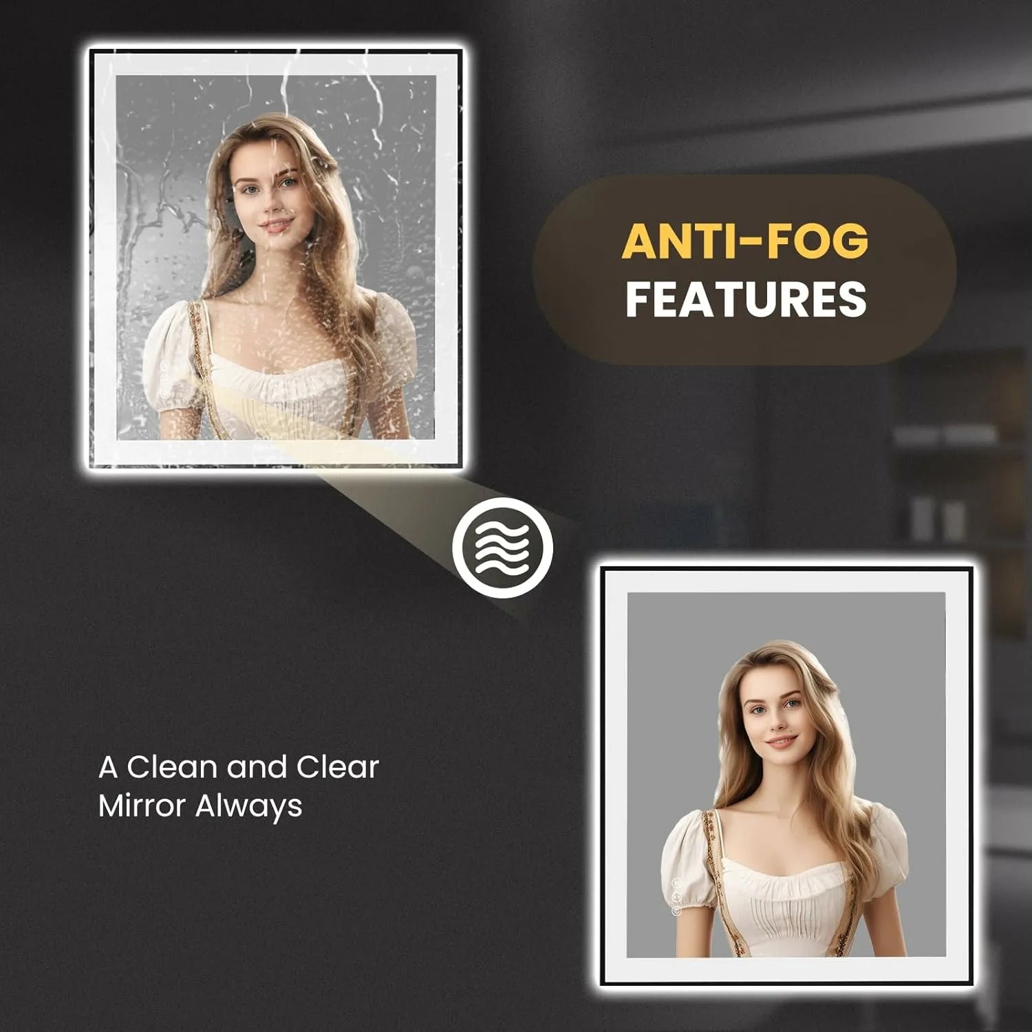 LOAAO 36"X32" Anti-Fog Black Framed Bathroom LED Mirror