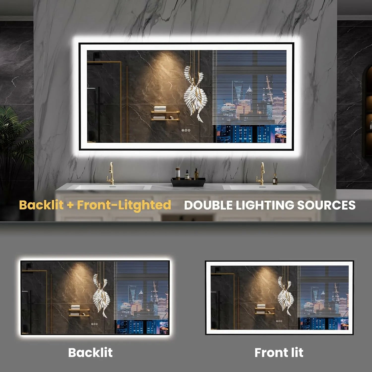 LOAAO 72"X36" Large Black Framed LED Bathroom Mirror