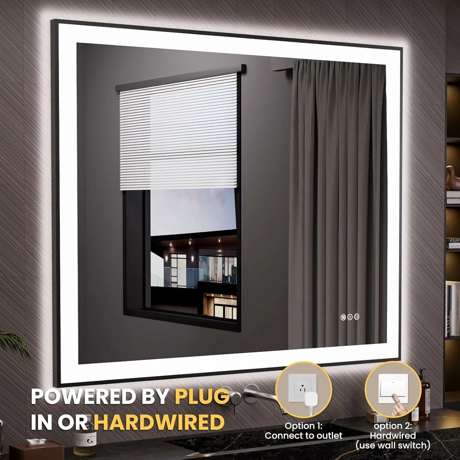 LOAAO 48"X40" Tempered Glass Black Framed LED Bathroom Mirror