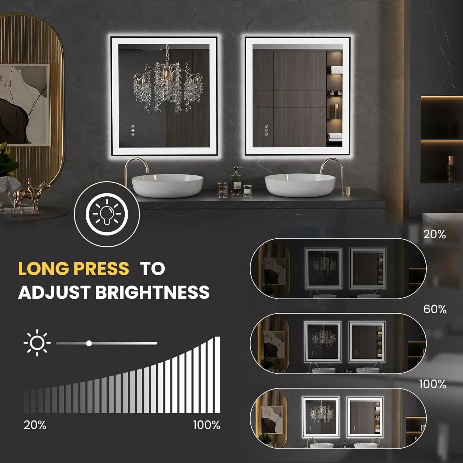 LOAAO 36"X32" Anti-Fog Black Framed Bathroom LED Mirror