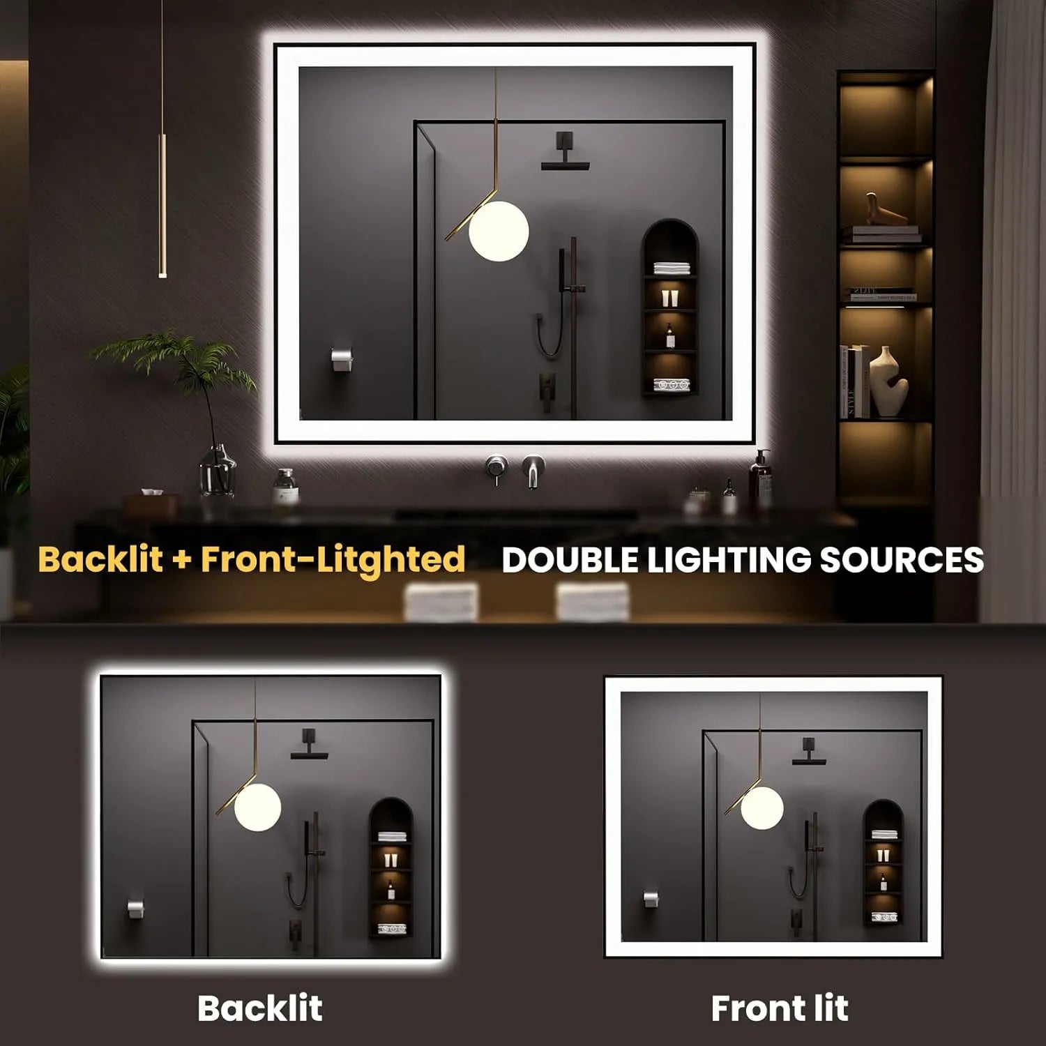 LOAAO 48"X40" Tempered Glass Black Framed LED Bathroom Mirror