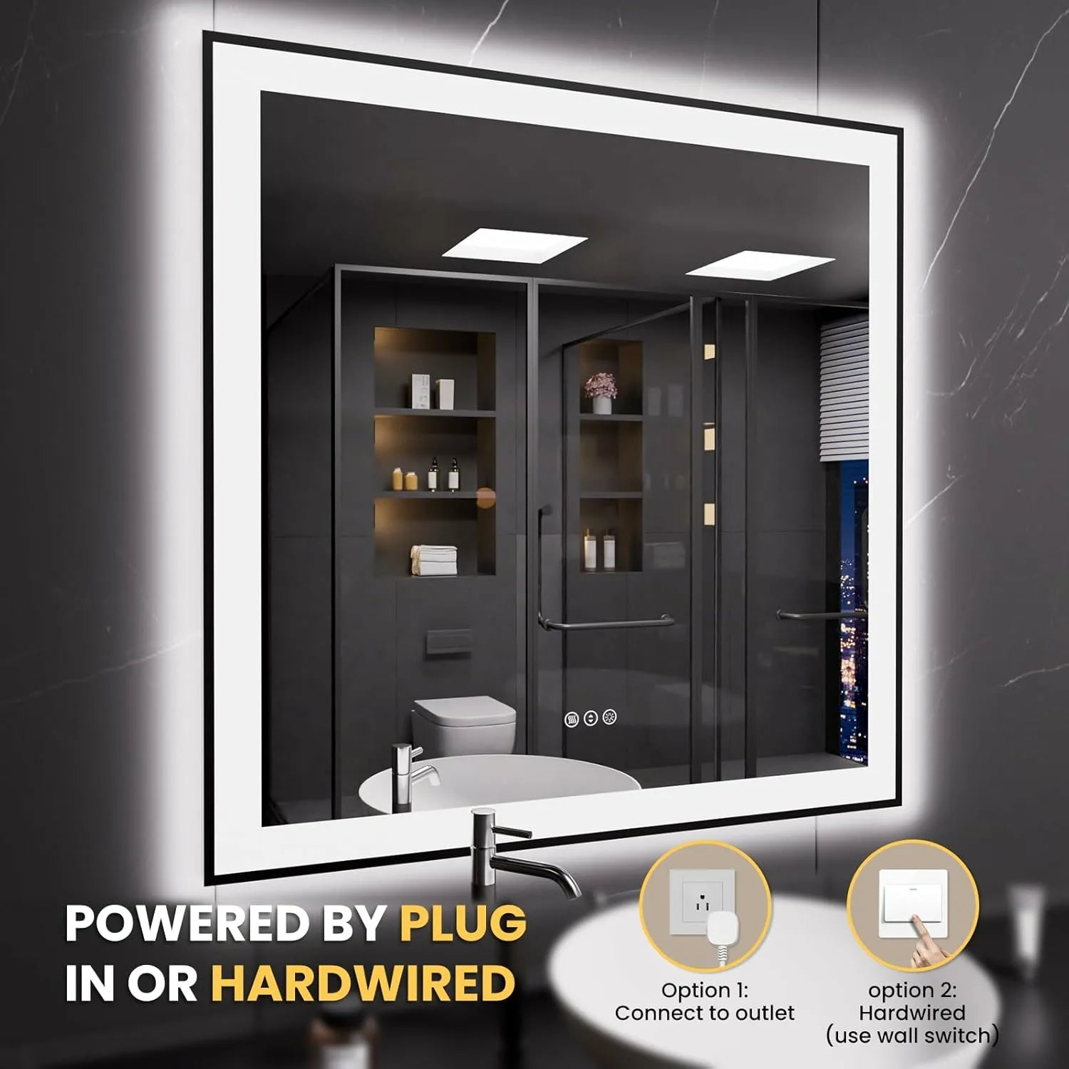 LOAAO 36"X36" Square Black Framed LED Bathroom Mirror