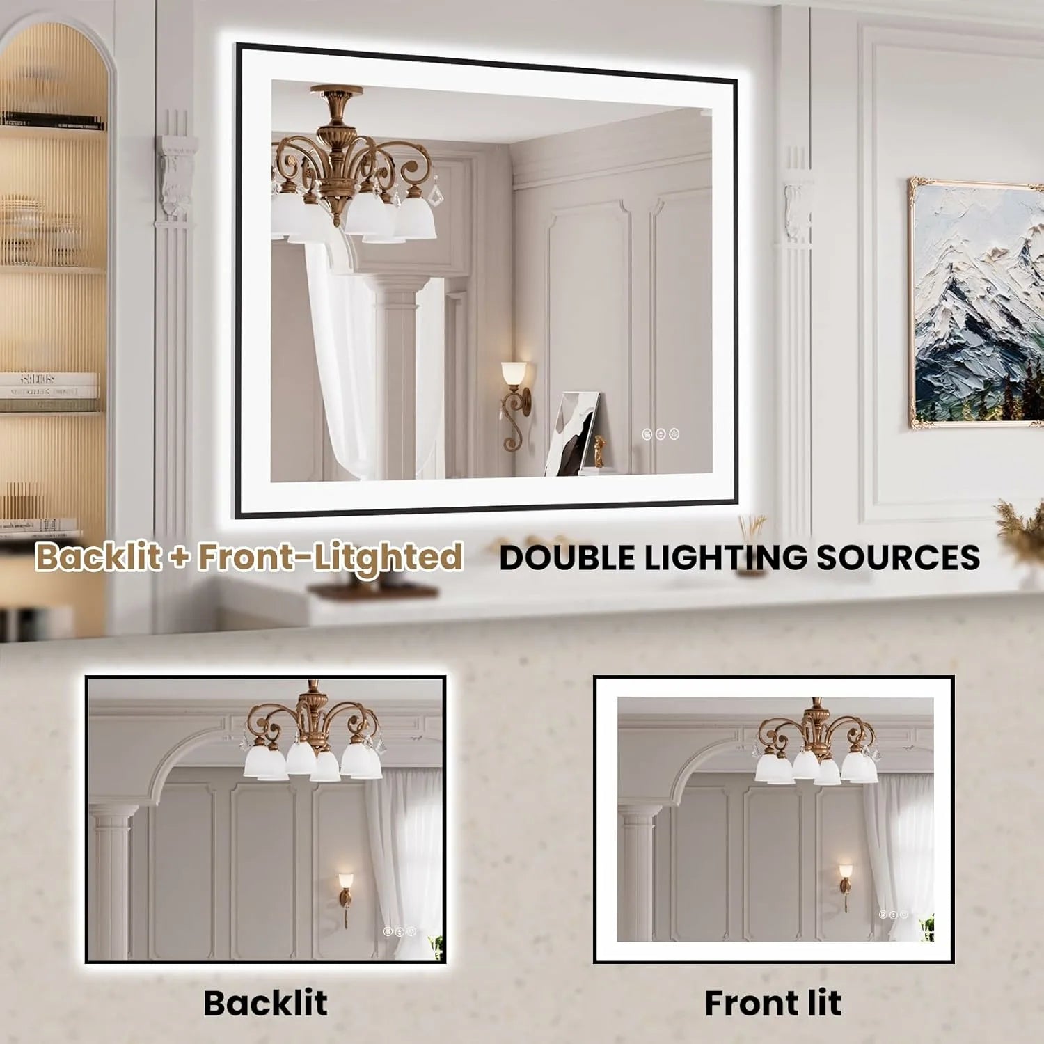 LOAAO 40"X32" Anti-Fog LED Bathroom Mirror Black Framed