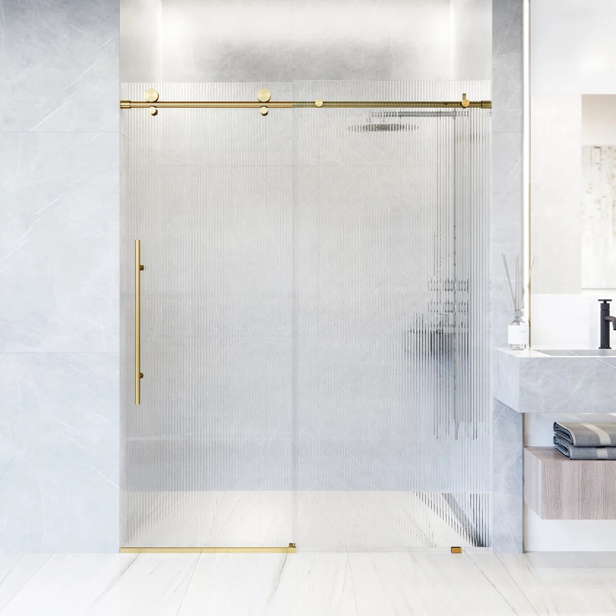 3/8" Fluted Glass 56-60" W x 76" H Matte Brushed Gold Sliding Frameless Shower Door