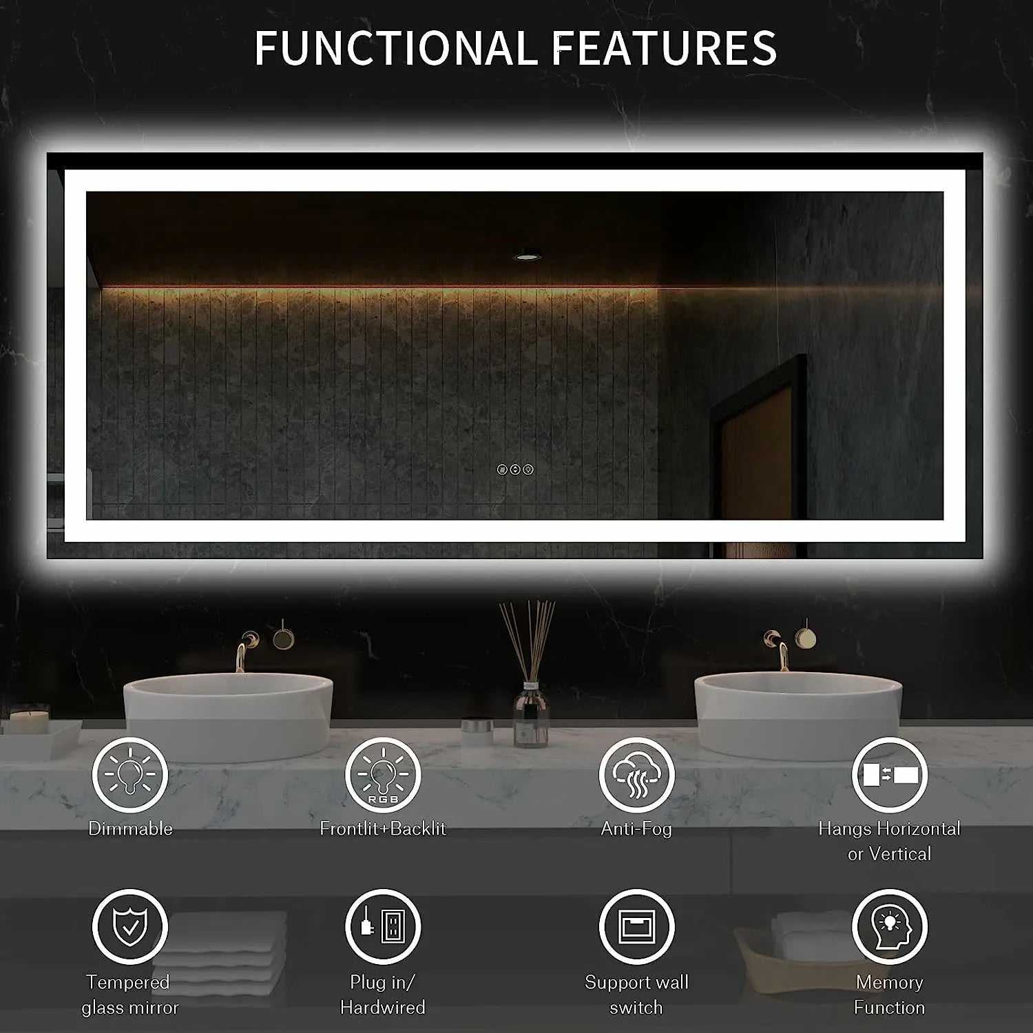 Dimmable Backlit LED Bathroom Mirror with Anti-Fog and Memory Function