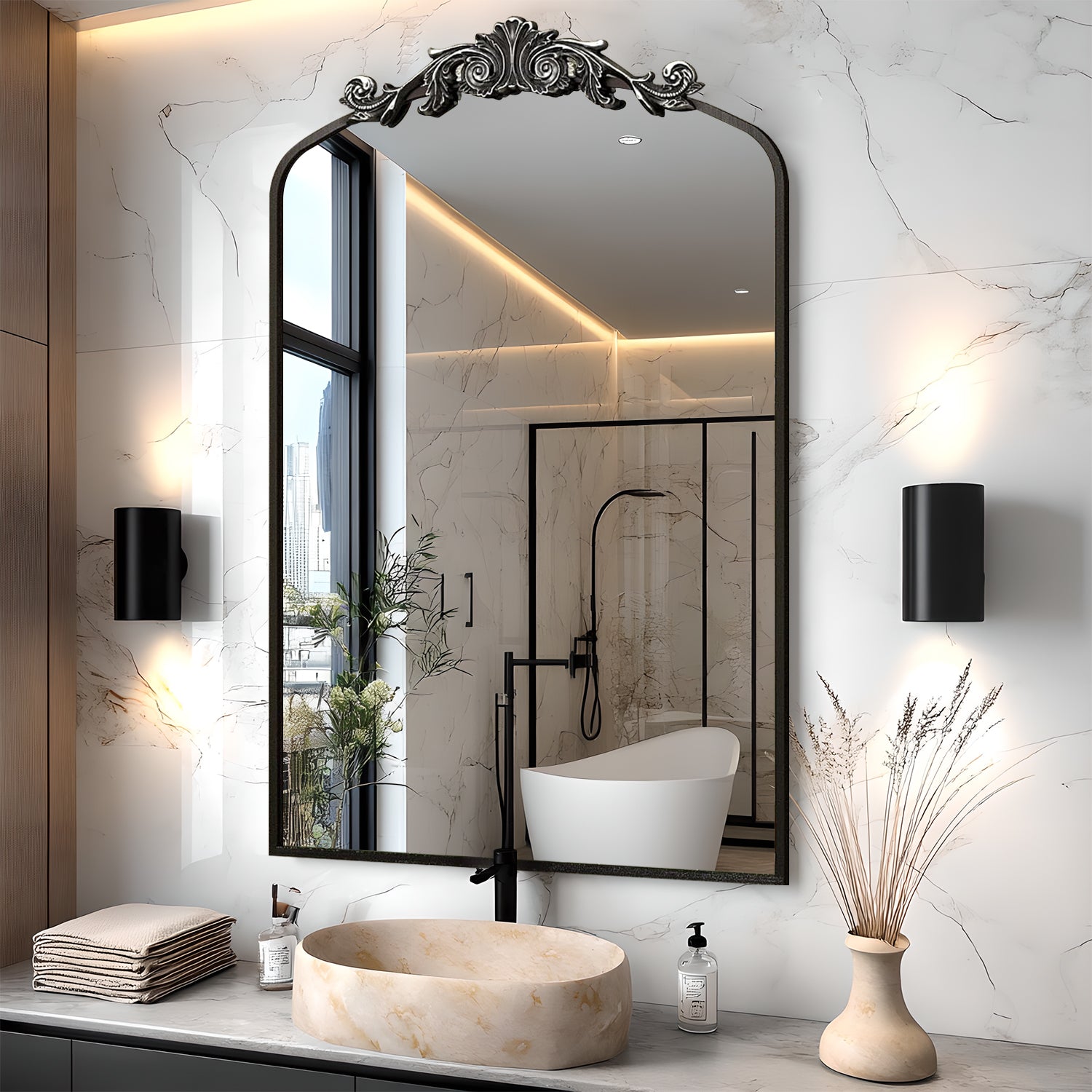 LOAAO 32"×20" Baroque Retro Style Black Frame Bathroom Mirror