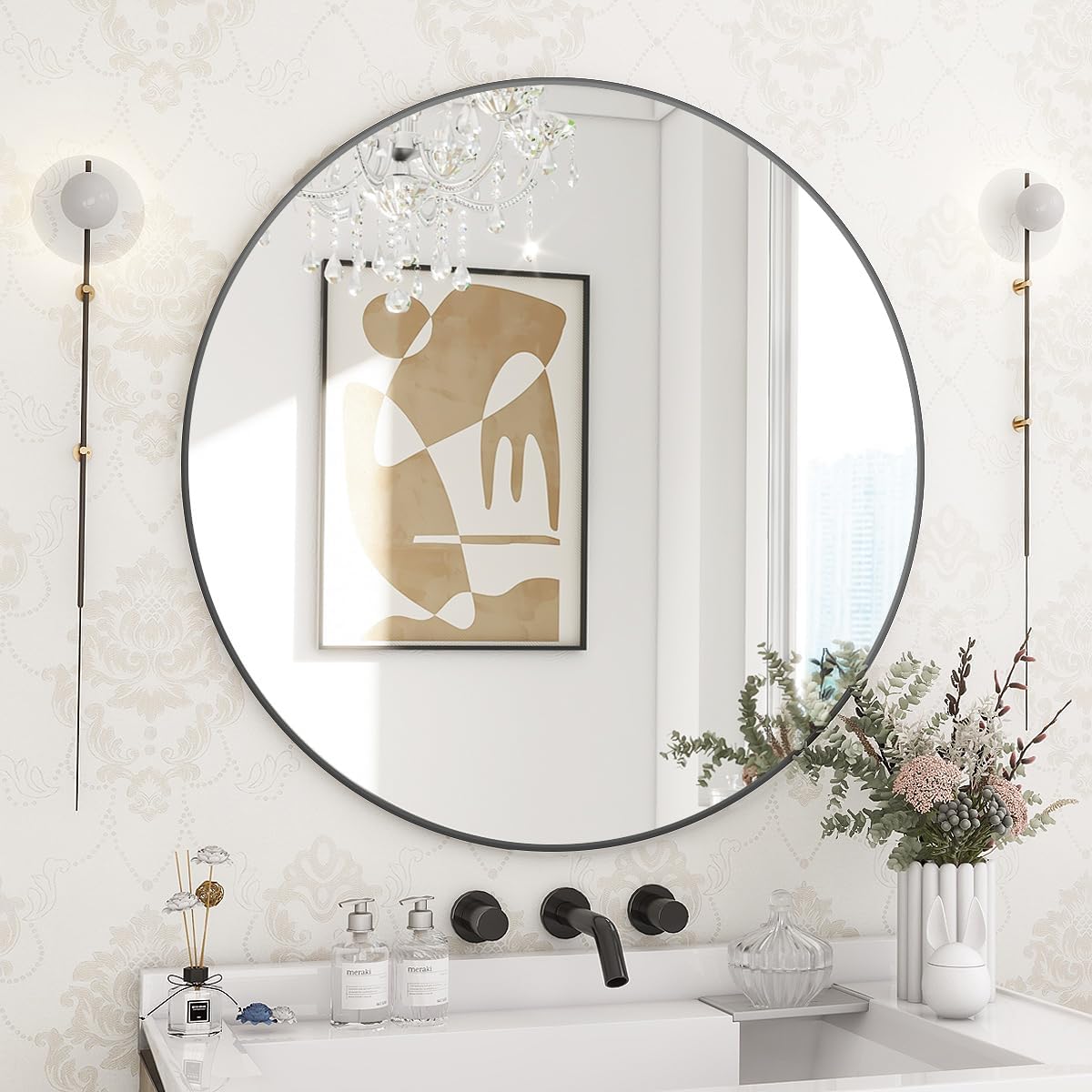 LOAAO 18"×18" Round Aluminum Alloy Black Frame Bathroom Mirror