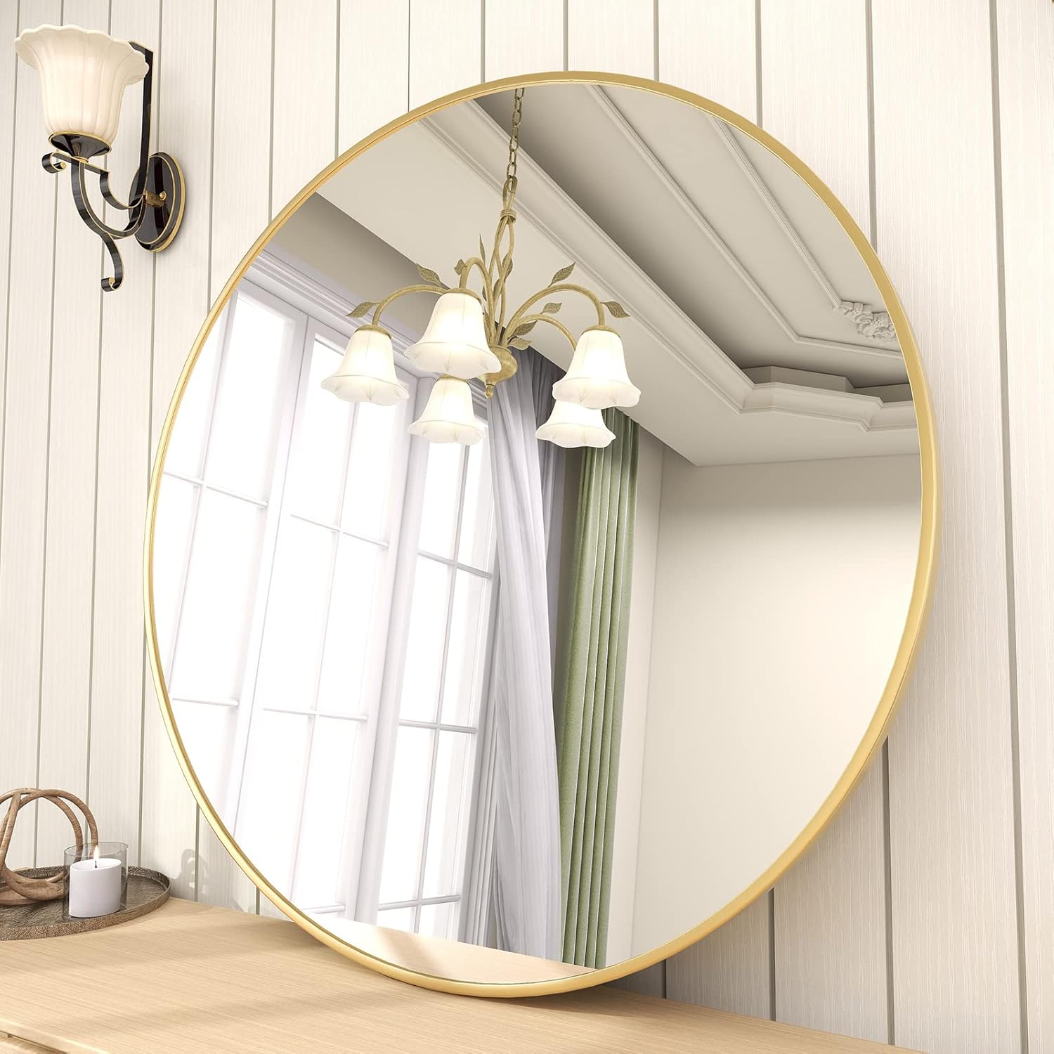 LOAAO 18"×18" Round Aluminum Alloy Gold Frame Bathroom Mirror