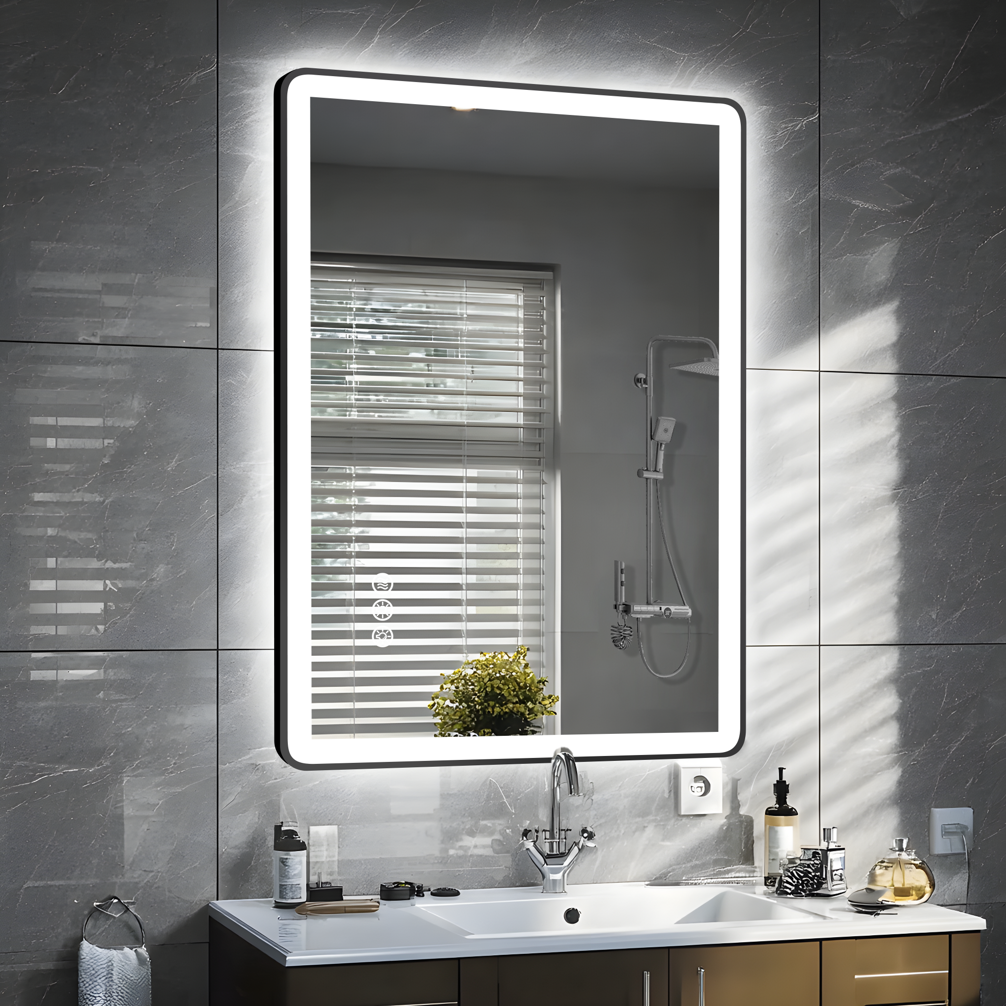 LOAAO 20"×28" Round Corner Aluminum Alloy Black Frame Bathroom LED Mirror