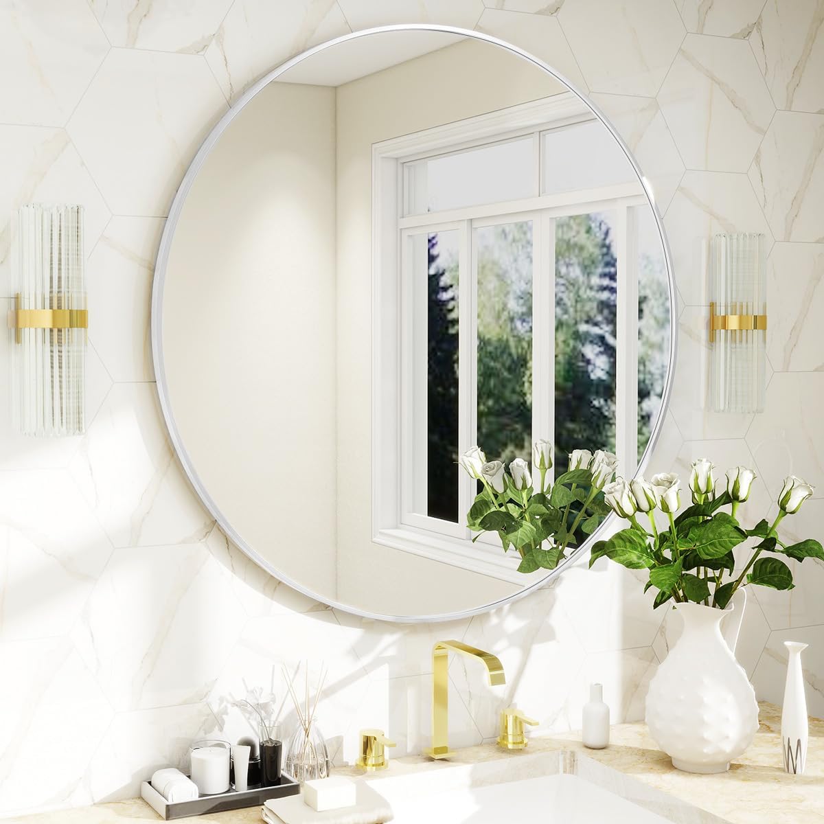 LOAAO 18"×18" Round Aluminum Alloy Silver Frame Bathroom Mirror