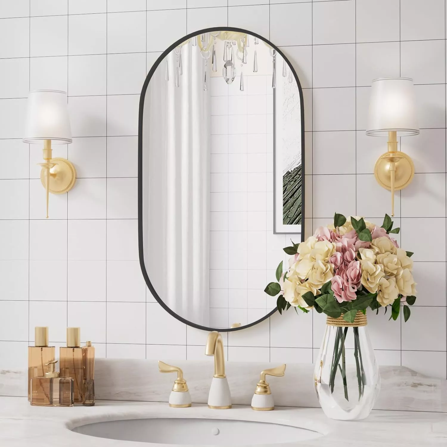 LOAAO 20"×28" Runway Shape Aluminum Alloy Black Frame Bathroom Mirror