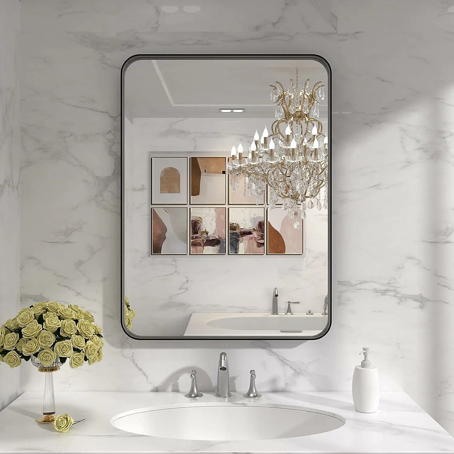 Black Metal Framed Bathroom Mirror Rounded Rectangle Matte Black Vanit