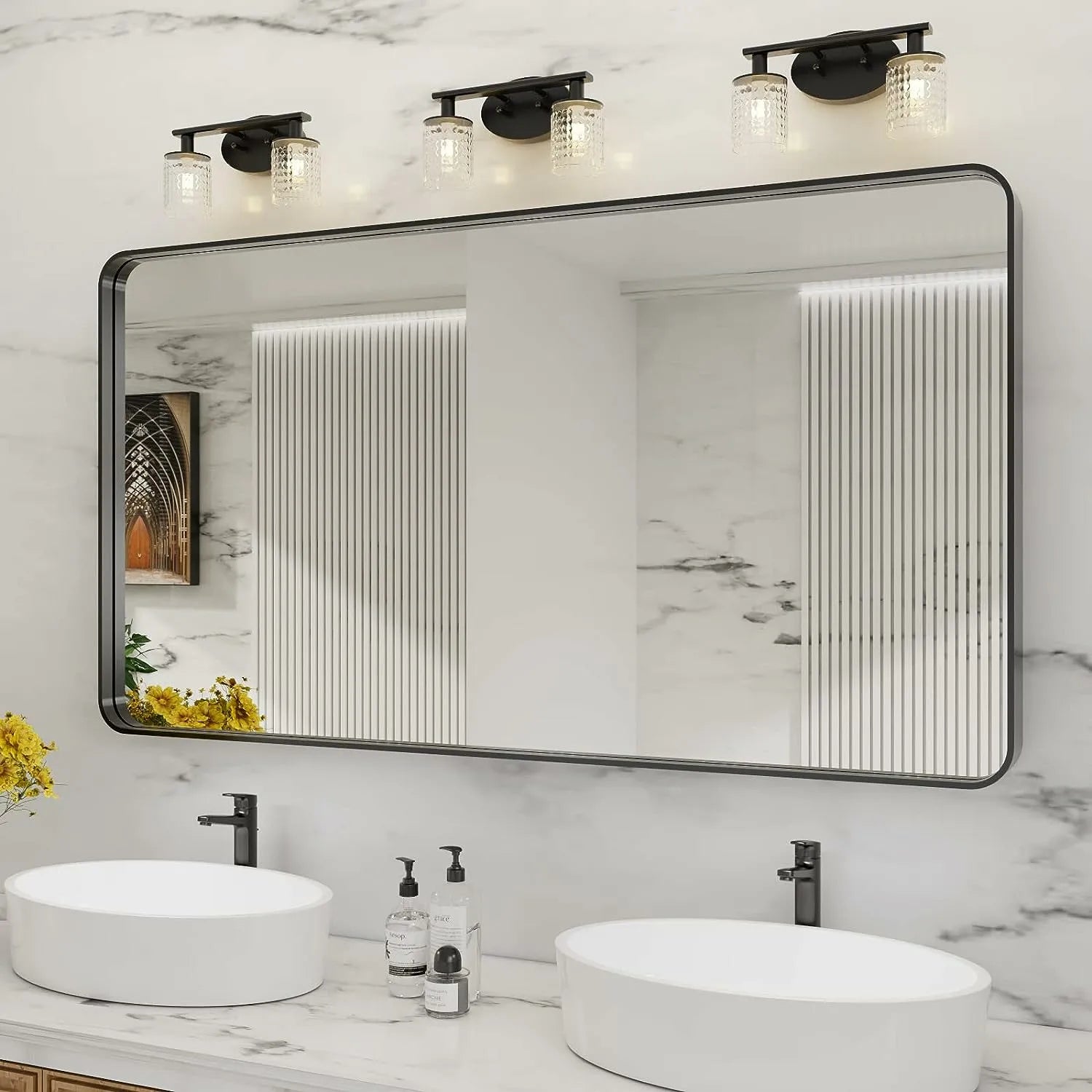 Black Metal Framed Bathroom Mirror Rounded Rectangle Matte Black Vanit